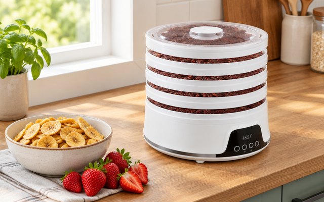Cosori Pioneer 5-Tray Food Dehydrator, stacking round food dehydrator on a kitchen counter with a bowl of banana chips and fresh strawberries