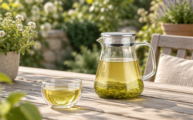 Teabloom One-Touch glass teapot, on a sunny patio table