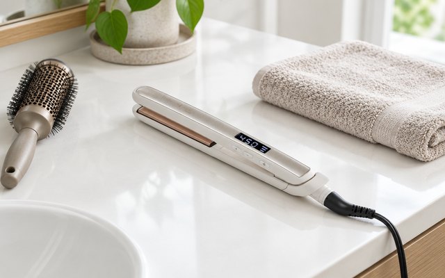Remington Shine Therapy flat iron, on a white bathroom vanity beside a round brush and a folded hand towel