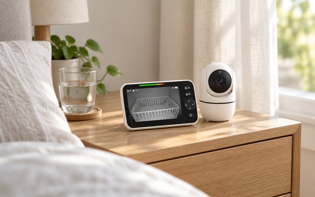 HelloBaby HB6550 baby monitor, on a light oak nightstand in a parent's bedroom beside a glass of water, morning light