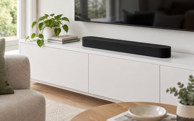 Sonos Beam, on a white cabinet under a TV in a family room
