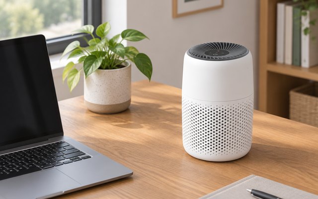 Levoit Core Mini-P air purifier, on a wooden home-office desk beside a laptop and a small potted plant