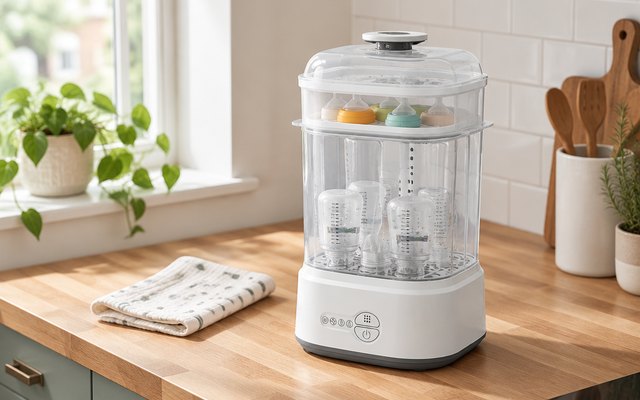 Grownsy compact sterilizer and dryer, on a small butcher-block counter in an apartment kitchen beside a folded muslin cloth