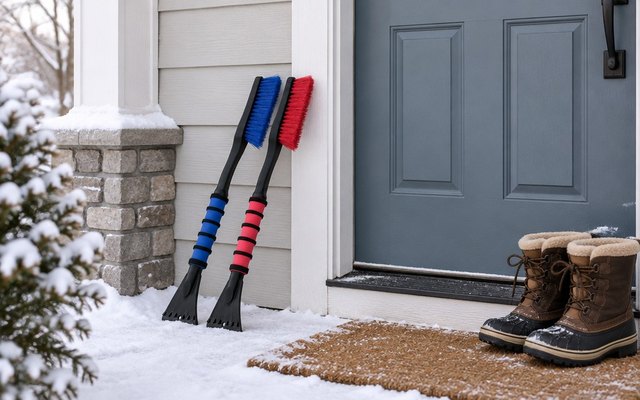 Two snow brushes, one blue and one red, leaning beside a front door on a snowy porch