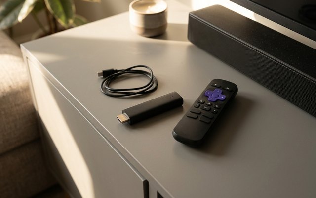 Roku Streaming Stick 4K, a black streaming stick with its power lead and a remote on a grey TV unit