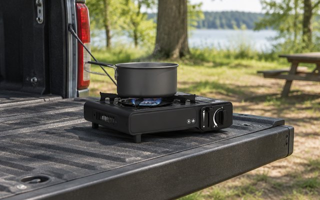Coleman Classic 1-burner stove, on the tailgate of a pickup truck at a park