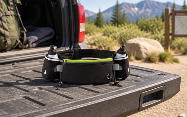 AiRunTech hydration belt, on the tailgate of an SUV at a trailhead