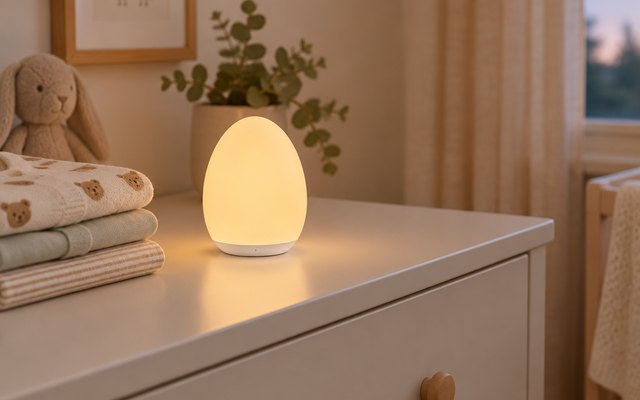 MediAcous egg night light, on a nursery dresser beside folded baby clothes