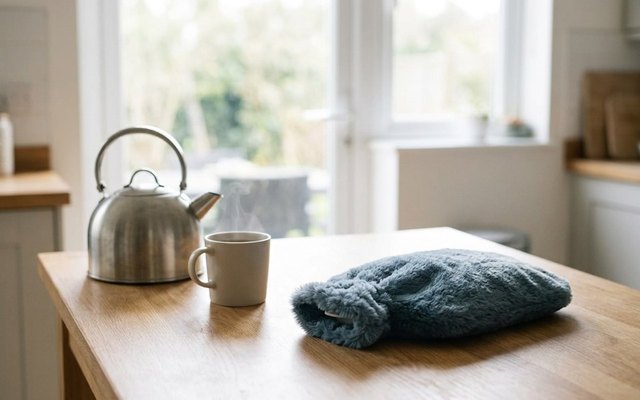 Hot water bottle in a soft blue-grey cover on a kitchen table beside a steel kettle and a mug of tea