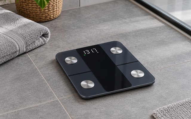 Slim black smart scale on a tiled bathroom floor