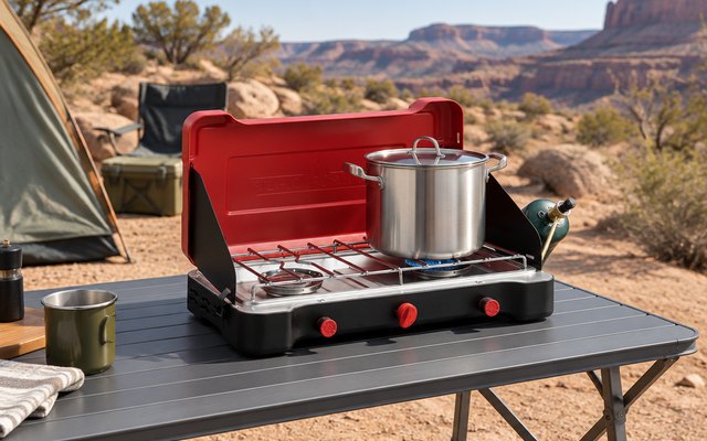 Camp Chef Everest 2X stove, on a camp kitchen table at a desert campground