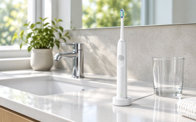 Philips Sonicare 1100 toothbrush, standing on a white bathroom counter beside the sink and a glass cup