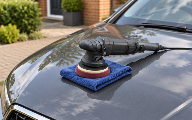 SPTA DA780 dual action polisher, on a folded microfibre towel on the bonnet of a clean dark grey car on a British driveway