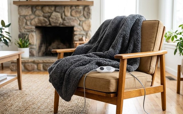 Dark grey sherpa heated throw draped over a wooden armchair in a cottage living room, its controller on the seat