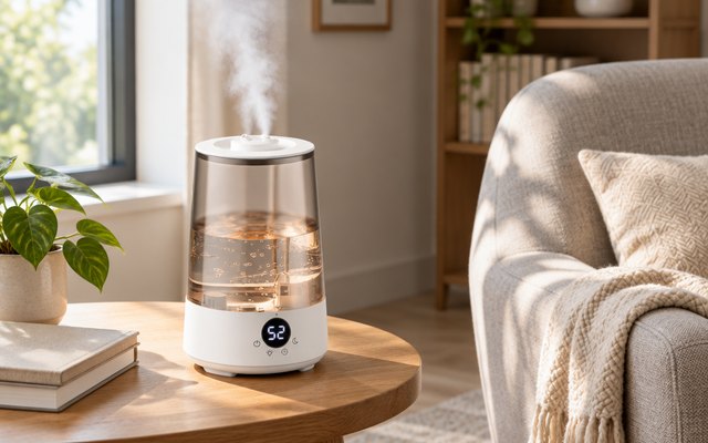 Homvana H101 humidifier, on a wooden side table beside a reading chair in a living room