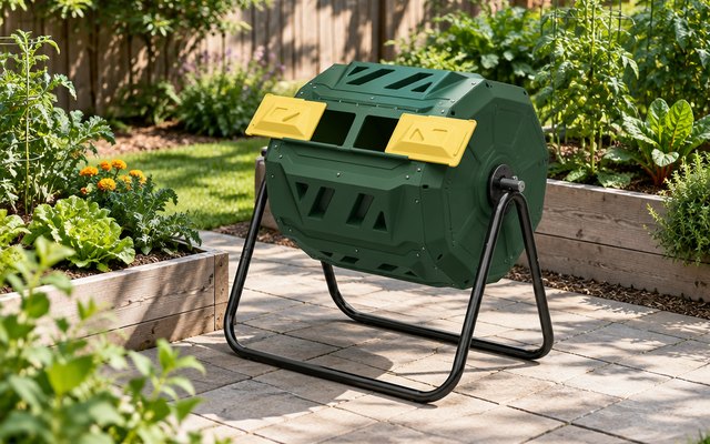 Nazhura compost tumbler, on a patio beside a small vegetable garden with raised beds