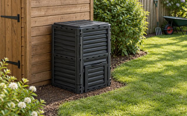 JupiterForce compost bin, beside a wooden shed at the edge of a backyard lawn