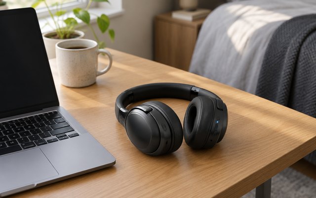BERIBES 65H headphones, lying on a desk beside a laptop with a dark screen and a mug in a bedroom