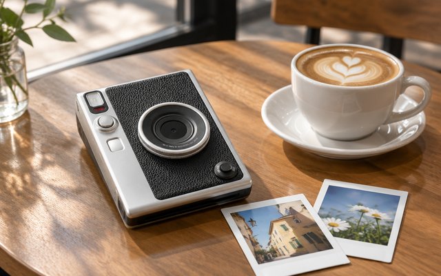instax mini Evo Hybrid Instant Camera, instant camera on a café table beside a cup of coffee and two fresh instant prints, soft window light