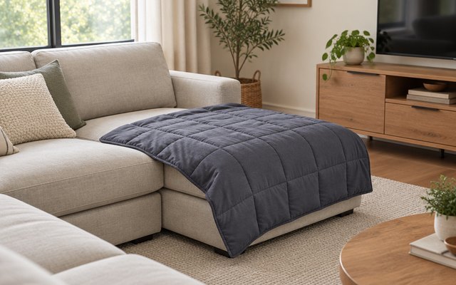 Topcee weighted blanket, spread over a sectional sofa in a family room with a wooden TV console