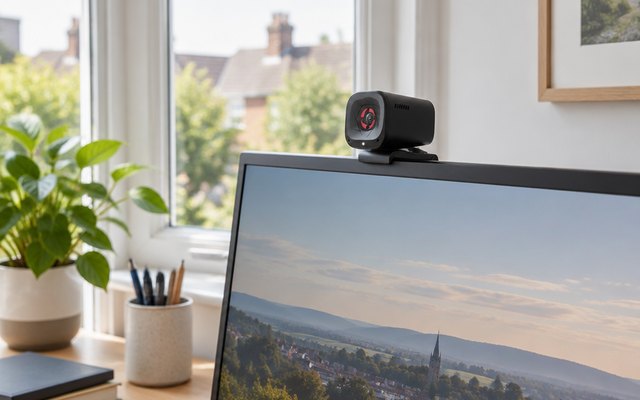Anker PowerConf C200 webcam, clipped on top of a computer monitor in a British home office with a window behind