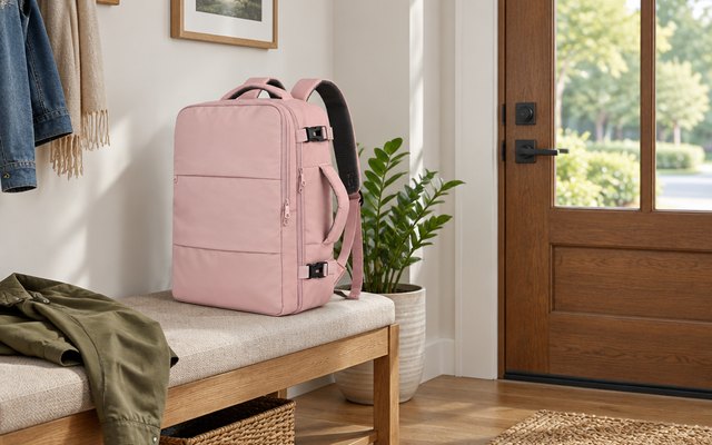 Travel backpack, packed and standing on an entryway bench beside the front door, ready for a trip