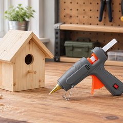 ROMECH full-size glue gun, resting on its stand on a garage workbench beside a small wooden birdhouse being built