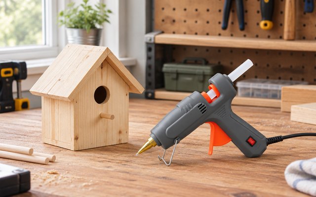 ROMECH full-size glue gun, resting on its stand on a garage workbench beside a small wooden birdhouse being built