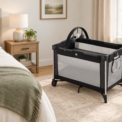 Graco Pack 'n Play On the Go playard, set up in a guest bedroom beside the bed