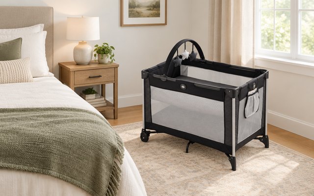 Graco Pack 'n Play On the Go playard, set up in a guest bedroom beside the bed
