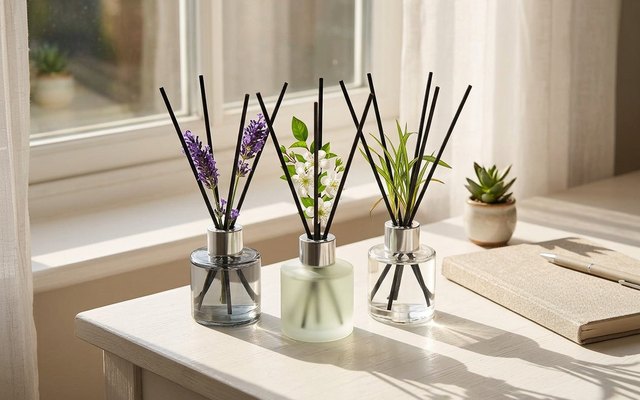 Three small reed diffusers in grey, frosted green and clear glass, with black reeds and sprigs of lavender, white flowers and grass, on a sunny white desk