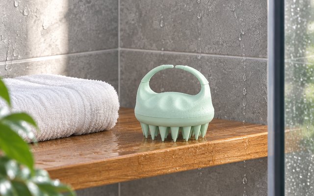 Sndyi scalp massager, sitting on a wooden shelf in a walk-in shower beside a folded white towel, water droplets on the grey tiles