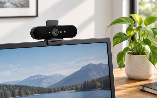 Logitech Brio 4K Webcam, clipped on a monitor on a wooden desk with a plant