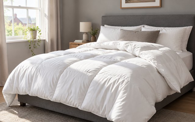 Duvet, turned back on a double bed in a grey-walled British bedroom in morning sun