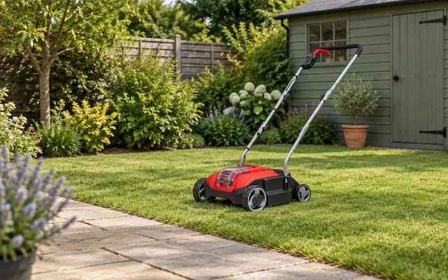 Einhell cordless scarifier, on a lawn beside a stone patio in a British garden, a garden shed behind