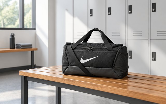 Nike Brasilia duffel bag, on a wooden bench in a bright gym locker room