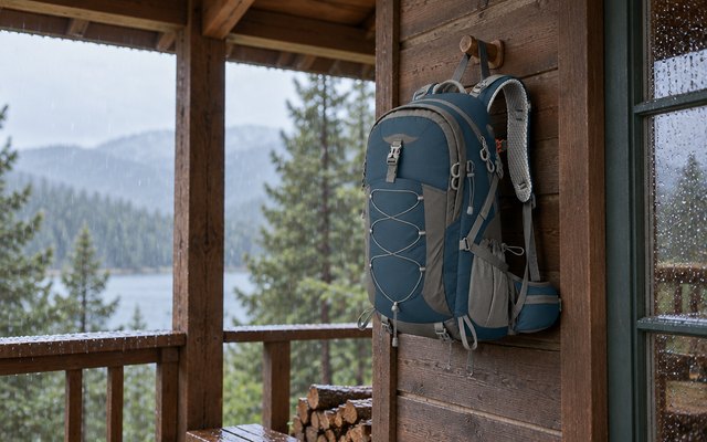 Maelstrom 40L backpack, hanging from a peg on a covered cabin porch, rain falling beyond