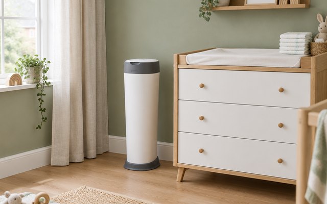 Tommee Tippee nappy bin, beside a changing table in a bright nursery with sage green walls
