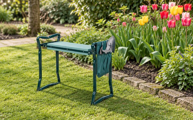 Folding garden kneeler and seat with tool pouch, set up as a kneeler on a lawn beside a bed of tulips, hand tools in its pouch