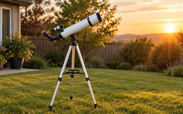 Koolpte 80mm refractor telescope, set up on a backyard lawn at golden hour