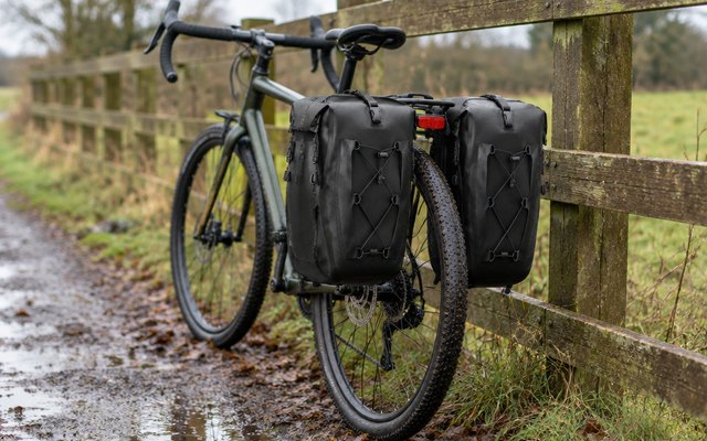 ROCKBROS roll-top panniers, hung on the rear rack of a bike leaning against a wooden fence on a damp path