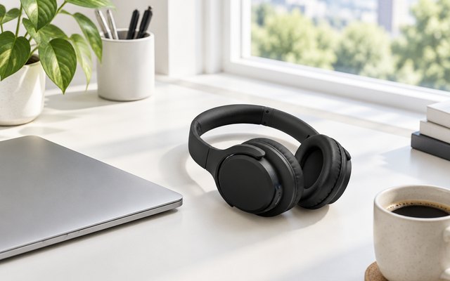 Over-ear headphones, resting on a white desk beside a laptop