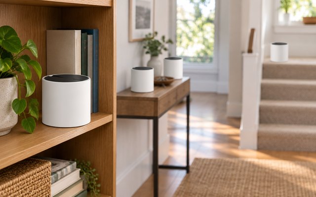 TP-Link Deco X55 mesh system, one unit on a living room bookshelf, the other two softly out of focus on a hallway table and a staircase landing
