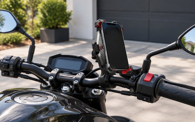 JOYROOM bike and motorcycle phone mount, clamped to the handlebar of a motorcycle parked in a driveway