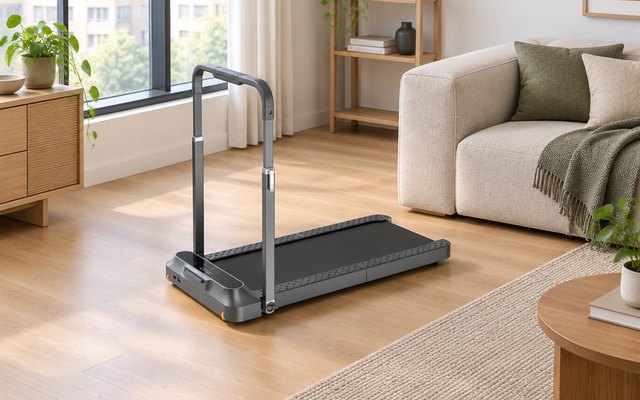 WalkingPad R2 treadmill, in a small flat's open-plan living room beside a sofa and a rug