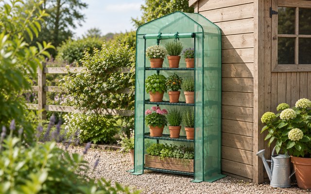 Outsunny mini greenhouse, beside a garden shed on a gravel path, terracotta pots of plants on its shelves