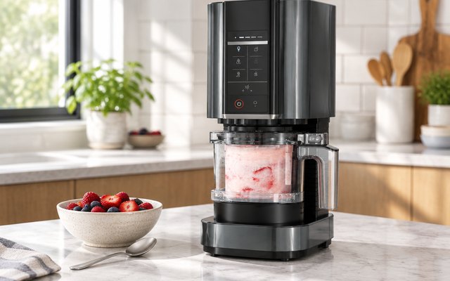 Ninja CREAMi 7-in-1 Ice Cream Maker, ice cream maker with its pint container on a kitchen counter, a bowl of berries and a spoon nearby