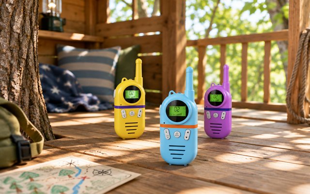 Inspireyes kids' walkie-talkies, on a wooden floor inside a backyard treehouse