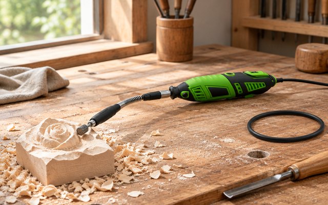 Corded rotary tool with flex shaft attached, on a woodcarving bench beside a block of basswood being carved, physically realistic