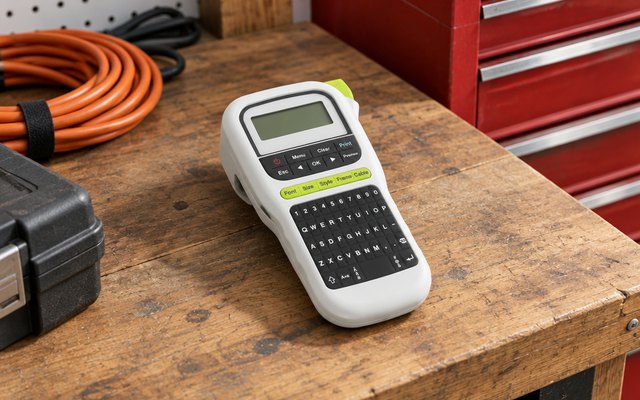 Brother P-touch PT-H110, on a garage workbench beside tool drawers and coiled cables